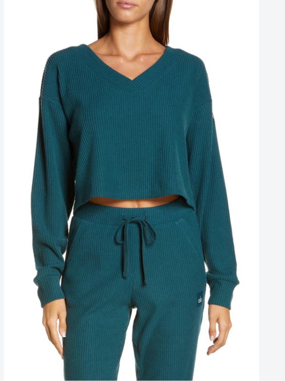 Alo Yoga Muse Ribbed Crop Pullover Galactic Teal Medium